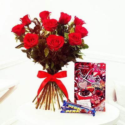 Combo of Valentine 10 Roses, 2 Perk Chocolates and Card